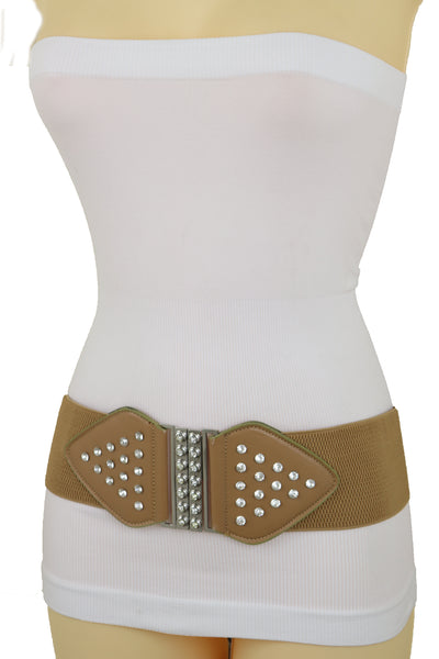 Brand New Women Wide Elastic Waistband Mocha Brown Fashion Belt Bow Bling Buckle Size S M