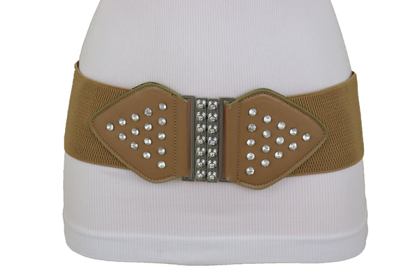 Brand New Women Wide Elastic Waistband Mocha Brown Fashion Belt Bow Bling Buckle Size S M