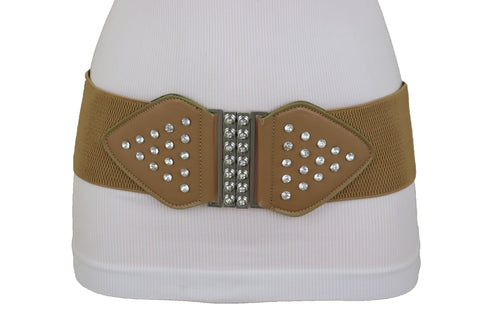 Brand New Women Wide Elastic Waistband Mocha Brown Fashion Belt Bow Bling Buckle Size S M