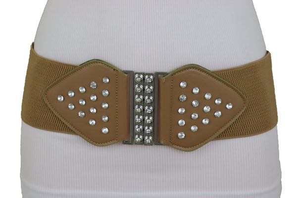 Brand New Women Wide Elastic Waistband Mocha Brown Fashion Belt Bow Bling Buckle Size S M