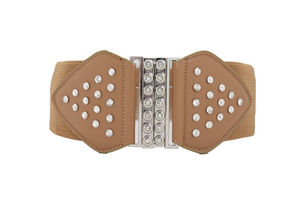 Brand New Women Wide Elastic Waistband Mocha Brown Fashion Belt Bow Bling Buckle Size S M
