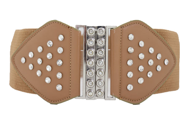 Brand New Women Wide Elastic Waistband Mocha Brown Fashion Belt Bow Bling Buckle Size S M