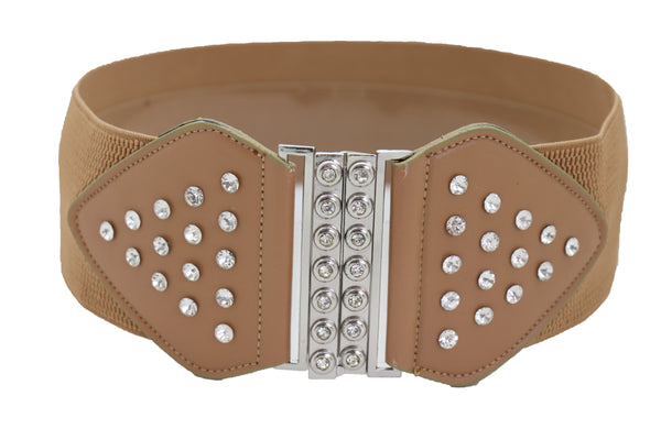 Brand New Women Wide Elastic Waistband Mocha Brown Fashion Belt Bow Bling Buckle Size S M
