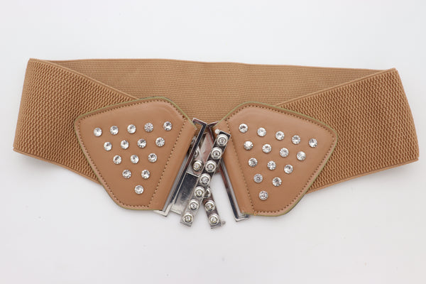 Brand New Women Wide Elastic Waistband Mocha Brown Fashion Belt Bow Bling Buckle Size S M