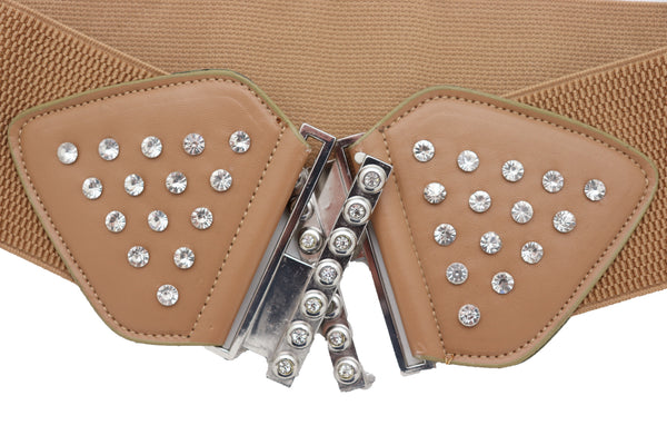 Brand New Women Wide Elastic Waistband Mocha Brown Fashion Belt Bow Bling Buckle Size S M