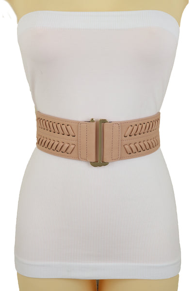 Brand New Women Pastel Pink Stripes Arrow Faux Leather Elastic Belt Gold Buckle Size S M