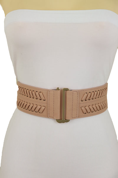 Brand New Women Pastel Pink Stripes Arrow Faux Leather Elastic Belt Gold Buckle Size S M