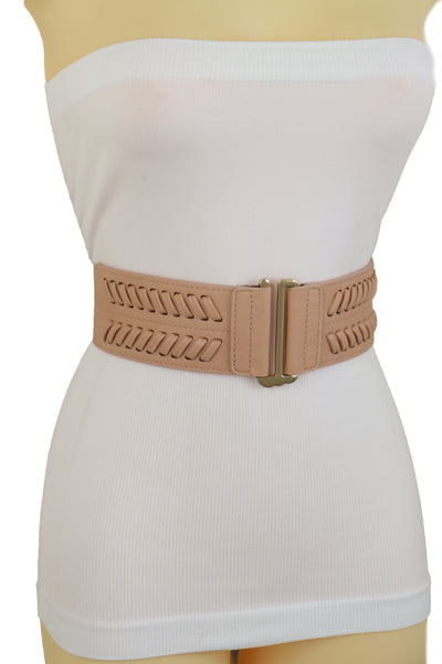 Brand New Women Pastel Pink Stripes Arrow Faux Leather Elastic Belt Gold Buckle Size S M