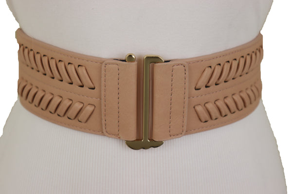 Brand New Women Pastel Pink Stripes Arrow Faux Leather Elastic Belt Gold Buckle Size S M