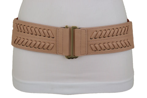 Brand New Women Pastel Pink Stripes Arrow Faux Leather Elastic Belt Gold Buckle Size S M