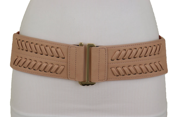 Brand New Women Pastel Pink Stripes Arrow Faux Leather Elastic Belt Gold Buckle Size S M