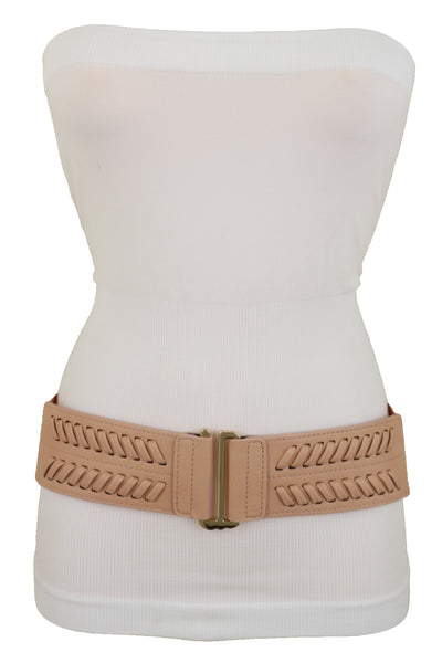 Brand New Women Pastel Pink Stripes Arrow Faux Leather Elastic Belt Gold Buckle Size S M
