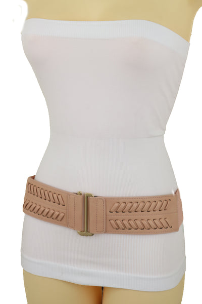 Brand New Women Pastel Pink Stripes Arrow Faux Leather Elastic Belt Gold Buckle Size S M