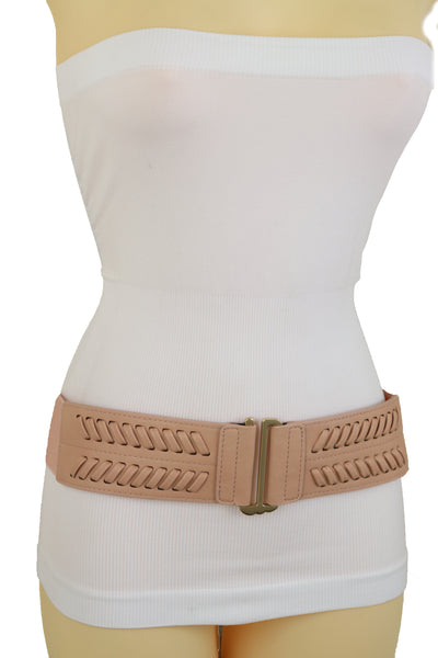 Brand New Women Pastel Pink Stripes Arrow Faux Leather Elastic Belt Gold Buckle Size S M