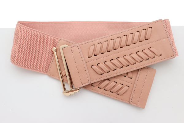 Brand New Women Pastel Pink Stripes Arrow Faux Leather Elastic Belt Gold Buckle Size S M
