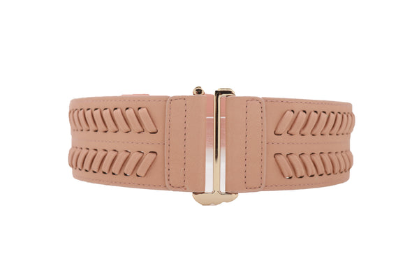 Brand New Women Pastel Pink Stripes Arrow Faux Leather Elastic Belt Gold Buckle Size S M