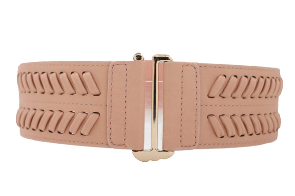 Brand New Women Pastel Pink Stripes Arrow Faux Leather Elastic Belt Gold Buckle Size S M