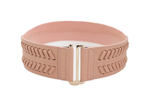 Brand New Women Pastel Pink Stripes Arrow Faux Leather Elastic Belt Gold Buckle Size S M