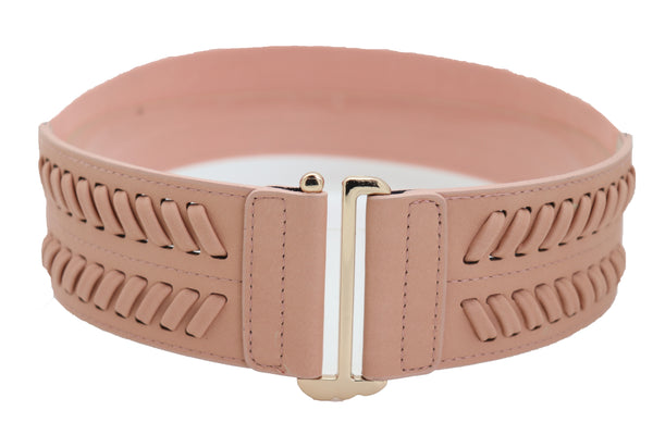 Brand New Women Pastel Pink Stripes Arrow Faux Leather Elastic Belt Gold Buckle Size S M