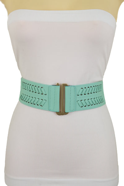 Women Pastel Bright Blue Aqua Mint Color Stripes Arrow Elastic Band Fashion Belt Gold Buckle S M