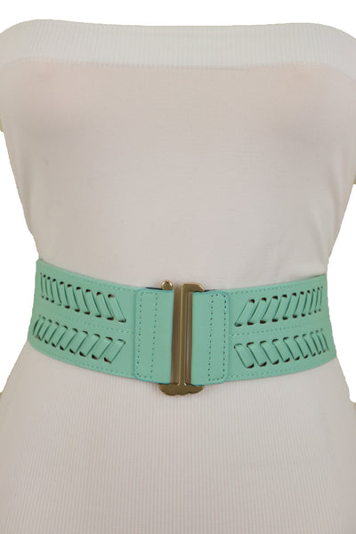 Women Pastel Bright Blue Aqua Mint Color Stripes Arrow Elastic Band Fashion Belt Gold Buckle S M