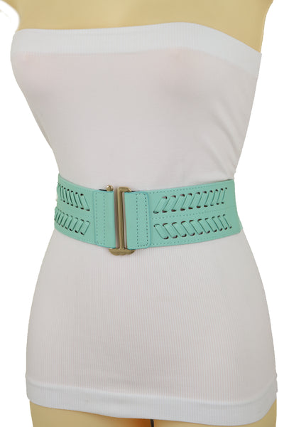 Women Pastel Bright Blue Aqua Mint Color Stripes Arrow Elastic Band Fashion Belt Gold Buckle S M