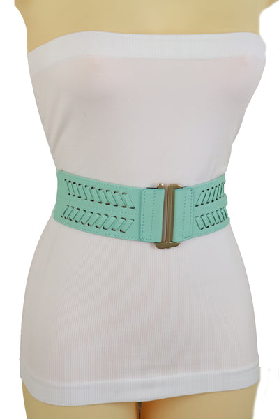 Women Pastel Bright Blue Aqua Mint Color Stripes Arrow Elastic Band Fashion Belt Gold Buckle S M