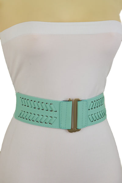 Women Pastel Bright Blue Aqua Mint Color Stripes Arrow Elastic Band Fashion Belt Gold Buckle S M