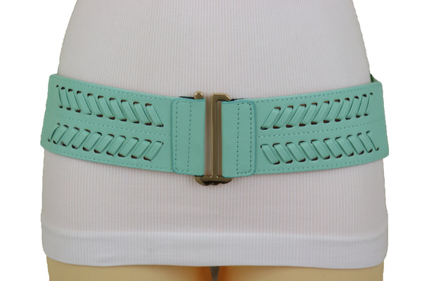 Women Pastel Bright Blue Aqua Mint Color Stripes Arrow Elastic Band Fashion Belt Gold Buckle S M