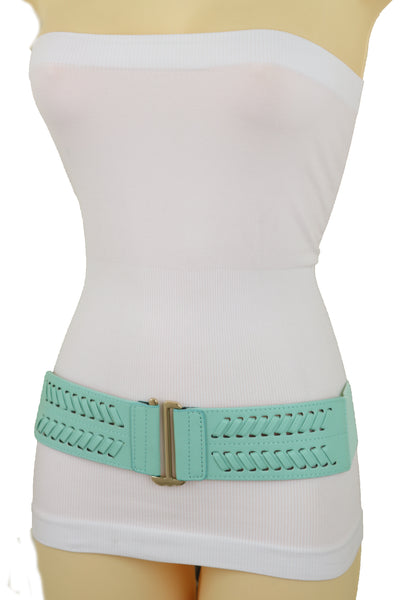 Women Pastel Bright Blue Aqua Mint Color Stripes Arrow Elastic Band Fashion Belt Gold Buckle S M