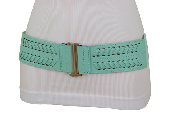 Women Pastel Bright Blue Aqua Mint Color Stripes Arrow Elastic Band Fashion Belt Gold Buckle S M