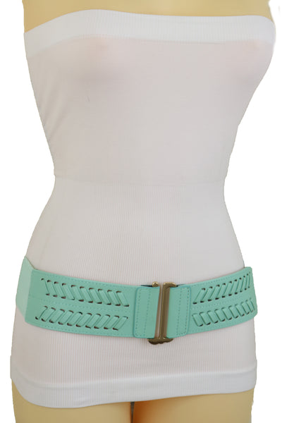 Women Pastel Bright Blue Aqua Mint Color Stripes Arrow Elastic Band Fashion Belt Gold Buckle S M