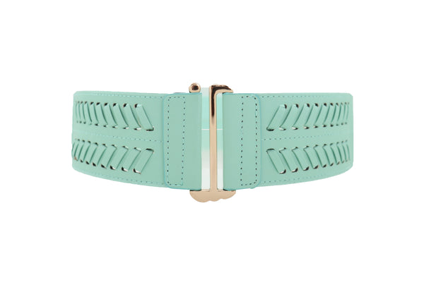 Women Pastel Bright Blue Aqua Mint Color Stripes Arrow Elastic Band Fashion Belt Gold Buckle S M