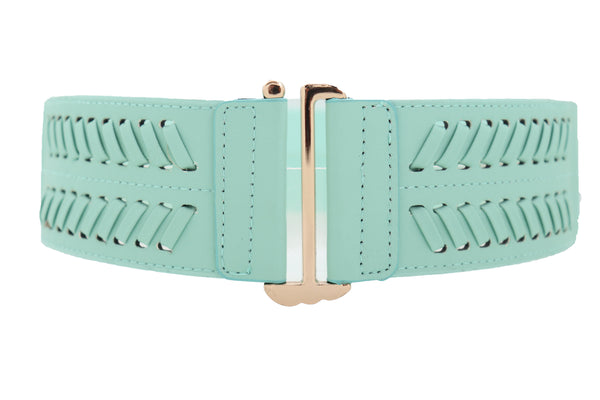 Women Pastel Bright Blue Aqua Mint Color Stripes Arrow Elastic Band Fashion Belt Gold Buckle S M