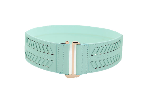 Women Pastel Bright Blue Aqua Mint Color Stripes Arrow Elastic Band Fashion Belt Gold Buckle S M