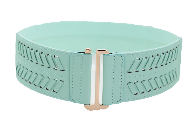 Women Pastel Bright Blue Aqua Mint Color Stripes Arrow Elastic Band Fashion Belt Gold Buckle S M