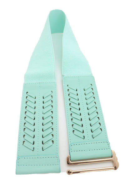 Women Pastel Bright Blue Aqua Mint Color Stripes Arrow Elastic Band Fashion Belt Gold Buckle S M
