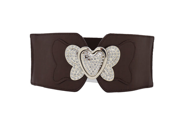 Women Silver Metal Heart Buckle Hip Waist Fashion Dark Brown Stretch Adjustable Strap Belt Size S M