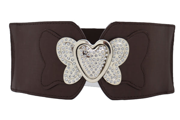 Women Silver Metal Heart Buckle Hip Waist Fashion Dark Brown Stretch Adjustable Strap Belt Size S M