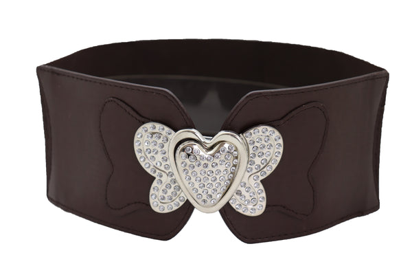 Women Silver Metal Heart Buckle Hip Waist Fashion Dark Brown Stretch Adjustable Strap Belt Size S M
