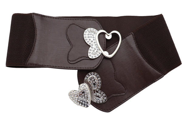 Women Silver Metal Heart Buckle Hip Waist Fashion Dark Brown Stretch Adjustable Strap Belt Size S M