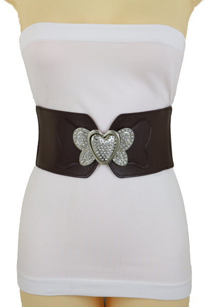 Women Silver Metal Heart Buckle Hip Waist Fashion Dark Brown Stretch Adjustable Strap Belt Size S M