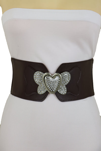 Women Silver Metal Heart Buckle Hip Waist Fashion Dark Brown Stretch Adjustable Strap Belt Size S M