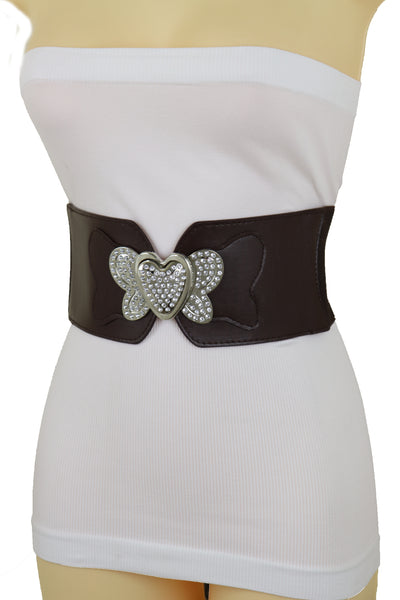 Women Silver Metal Heart Buckle Hip Waist Fashion Dark Brown Stretch Adjustable Strap Belt Size S M