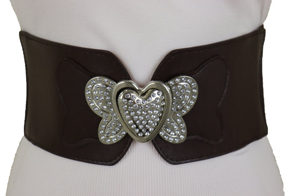 Women Silver Metal Heart Buckle Hip Waist Fashion Dark Brown Stretch Adjustable Strap Belt Size S M
