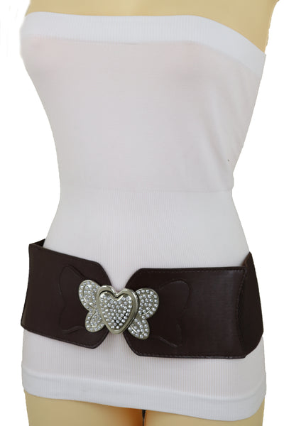 Women Silver Metal Heart Buckle Hip Waist Fashion Dark Brown Stretch Adjustable Strap Belt Size S M