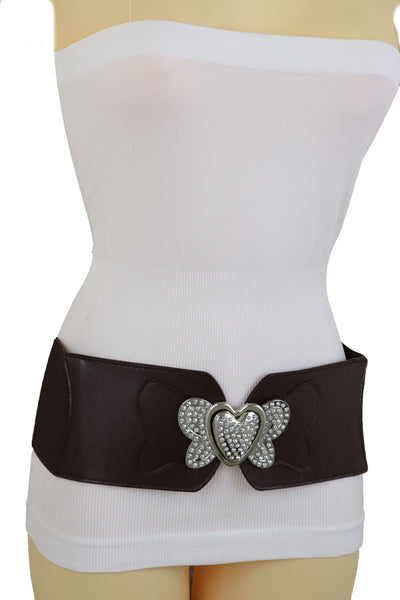 Women Silver Metal Heart Buckle Hip Waist Fashion Dark Brown Stretch Adjustable Strap Belt Size S M