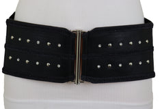 Black Faux Leather Wide Elastic Waistband Belt Bling Detail Silver Studs Buckle Fit S M