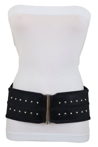 Brand New Women Black Faux Leather Wide Elastic Waistband Belt Bling Detail Silver Studs Buckle Fit S M