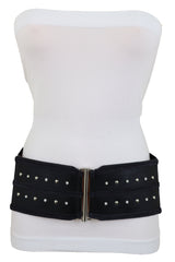 Black Faux Leather Wide Elastic Waistband Belt Bling Detail Silver Studs Buckle Fit S M